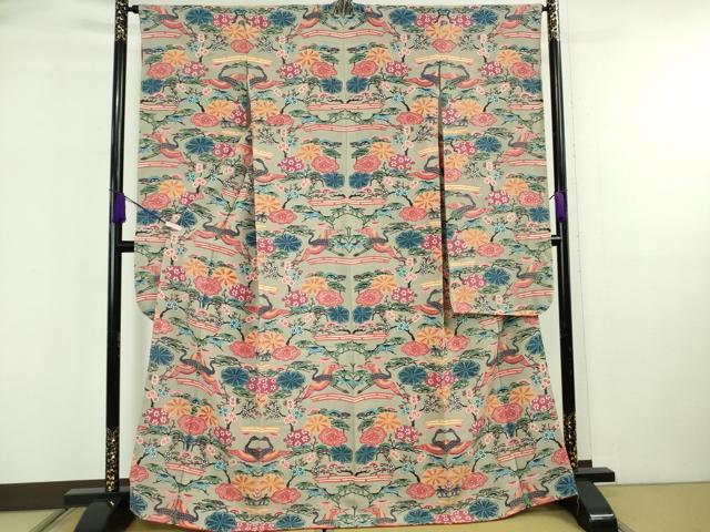 平和屋本店●極上　本場琉球紅型　振袖　飛鶴松竹梅　素鼠色地　逸品　DZAB5949kh6