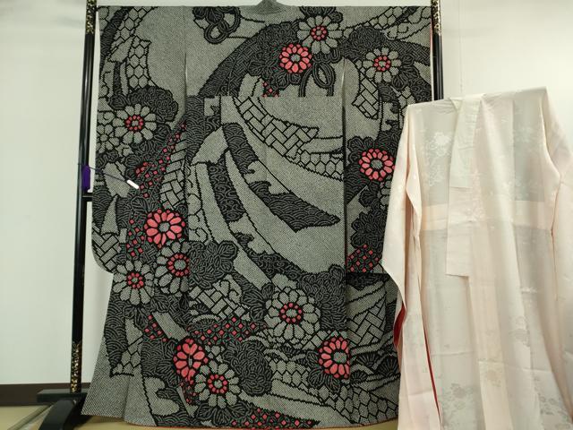 平和屋本店●極上　振袖・長襦袢(無双仕立て)セット　総絞り　束ね熨斗花文　黒地　逸品　DZAB6071kh6