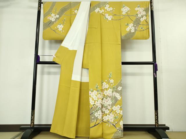 平和屋本店●極上　京友禅作家　池内路一　訪問着　枝桜　緑黄色地　逸品　DZAB6077kh6_1