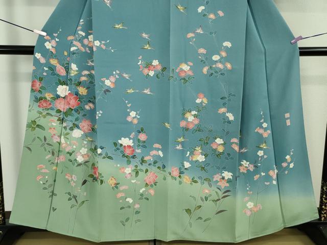 平和屋本店●極上　京加賀友禅　百貫達雄　訪問着　花鳥文　濃い勿忘草色地　暈し染め　逸品　DZAB6086kh6_3