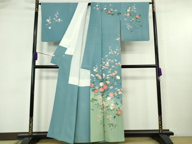 平和屋本店●極上　京加賀友禅　百貫達雄　訪問着　花鳥文　濃い勿忘草色地　暈し染め　逸品　DZAB6086kh6_1