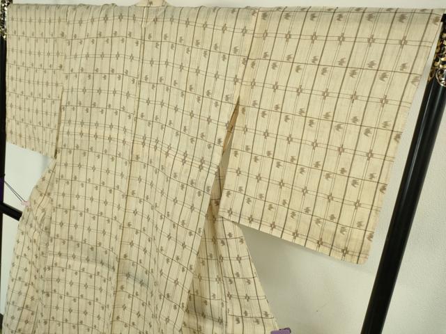 平和屋本店＊極上　夏物　本場小千谷ちぢみ　麻　絣格子　練色地　逸品　未使用　DZAB6148kh6_3