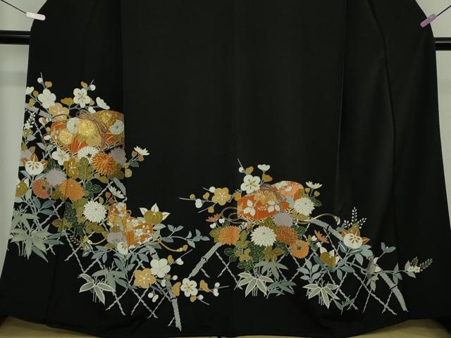 平和屋着物○創業460年・千總 黒留袖 駒刺繍 御所車吉祥草花文 金糸