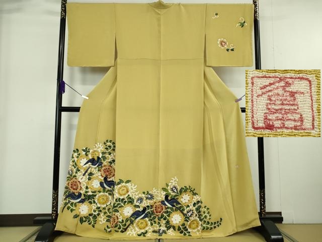 平和屋本店●超希少　東京友禅　久呂田明功　訪問着　燕　更紗花文　桑染色地　鬼しぼ縮緬　金彩　逸品　未使用　DZAB6168kh6