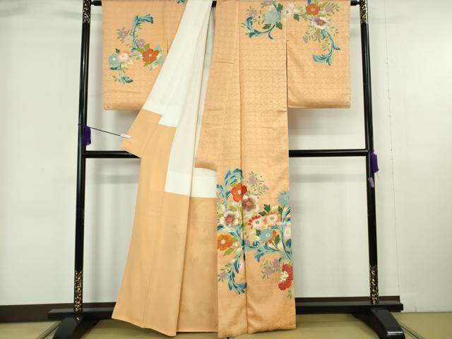 長閑やかさ屋中央局●限りない 野口彦太郎 大彦三代目 日本の首都染繍友禅 短い訪問着 刺しゅう 被子植物文 小麦色地 金糸 大丸取りまわし 珠玉 DZAB6169kh6