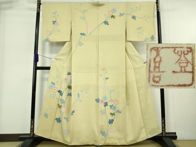 平和屋着物●極上　人間国宝・羽田登喜男　訪問着　駒刺繍　枝菊　たたき染め　逸品　DZAB6174kh6