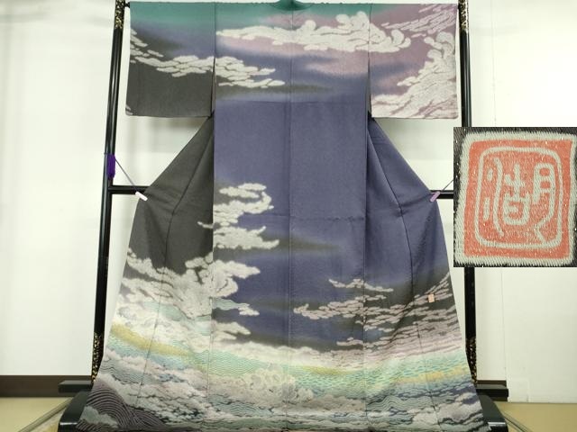 平和屋本店●極上 十日町 名門 滝泰謹製絞り 中国三大刺繍 相良刺繍 訪問着 暈し染め 金糸 金通し地 ロング丈 逸品　DZAB6190kh6