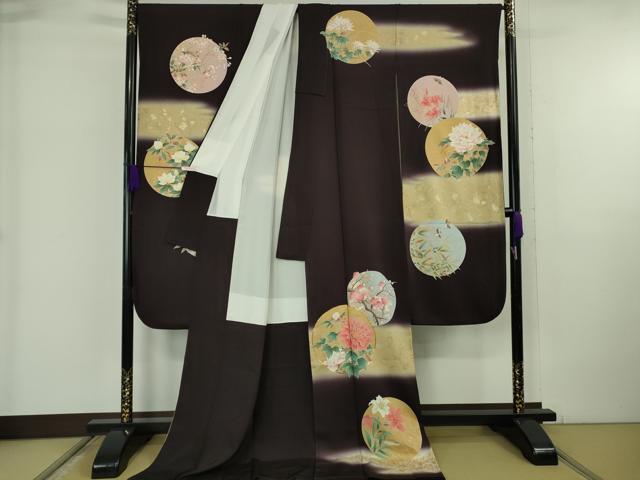 平和屋本店●極上　振袖　駒刺繍　四季花鳥丸文　濃い桑の実色地　暈し染め　金彩　逸品　DZAB6320kh6_1
