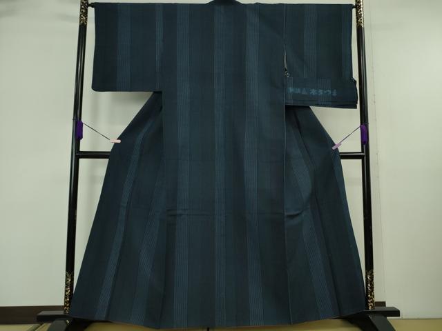 平和屋本店●極上　綿薩摩　本さつま　木綿　縞　濃藍色×藍色　反端付き　逸品　DZAB6506kh6 平和屋本店○極上 綿薩摩 本さつま 木綿 縞 濃藍色×藍色 反端付き 逸品