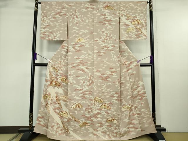 平和屋本店●極上　訪問着　吉澤友禅　駒刺繍　松竹梅　吉祥花文　灰梅色地　金彩　逸品　未使用　DZAB6554kh6