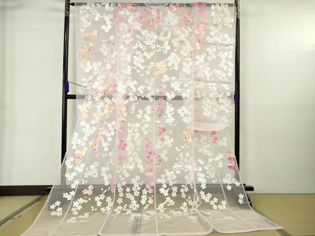 平和屋本店＊極上　夏物　お引きずり・お引き摺り・引き振袖　オーガンジー　舞桜　銀彩　たとう紙付き　逸品　DZAB6569kh6