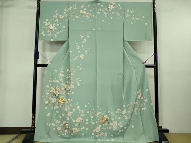 平和屋本店●極上　佐賀錦　訪問着　友禅　作家物　枝椿　錆青磁色地　金銀糸　ロング丈　逸品　DZAB6724kh6