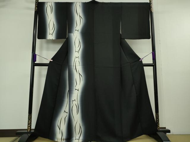 平和屋本店●極上　訪問着　猫　ネコ　シルエット　間道　暈し染め　黒地　逸品　DZAB6772kh6