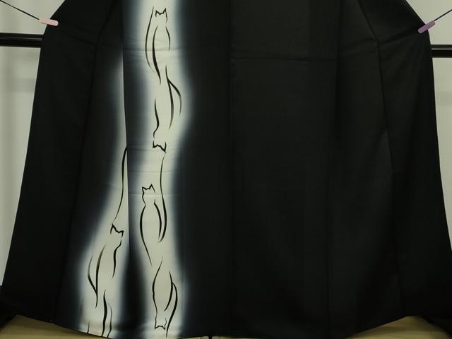 平和屋本店●極上　訪問着　猫　ネコ　シルエット　間道　暈し染め　黒地　逸品　DZAB6772kh6_3