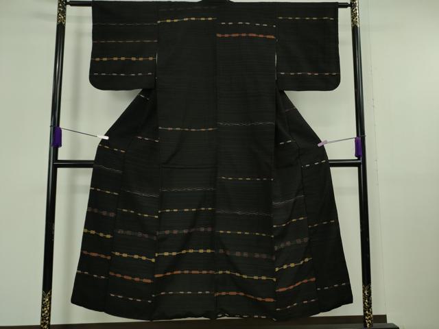 平和屋本店●超希少　国画会会員　原田麻那　めがね織　浮き織　訪問着　紬地　横段文　黒地　逸品　DZAB6783kh6