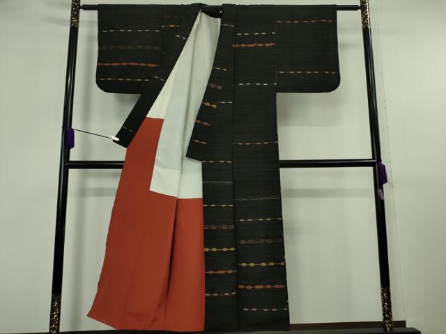 平和屋本店●超希少　国画会会員　原田麻那　めがね織　浮き織　訪問着　紬地　横段文　黒地　逸品　DZAB6783kh6_1