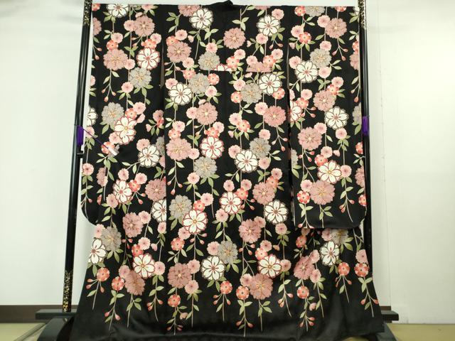 平和屋本店●極上　振袖　枝垂れ花　黒地　金彩　逸品　DZAB6834kh6