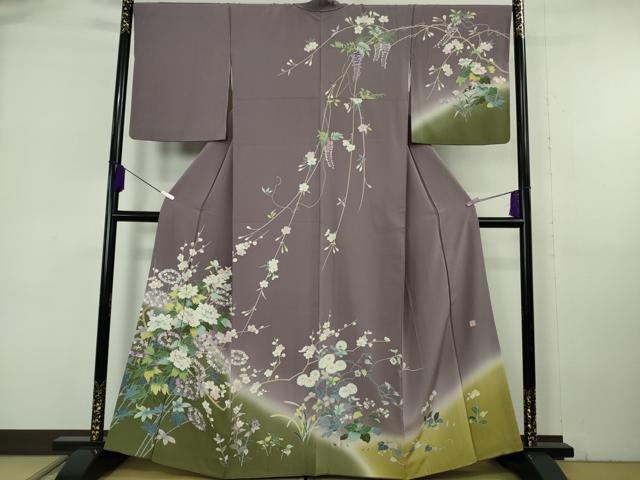 平和屋本店●極上　訪問着　友禅　作家物　四季花文　葡萄鼠色地　暈し染め　逸品　DZAB6960kh6 49,140円