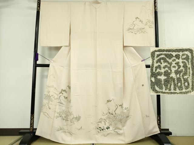 平和屋本店●極上　友禅工房　下島緑傘　友禅作家　下島宏　訪問着　刺繍　水辺風景　薄卵色地　縮緬地　金糸　逸品　DZAB6963kh6