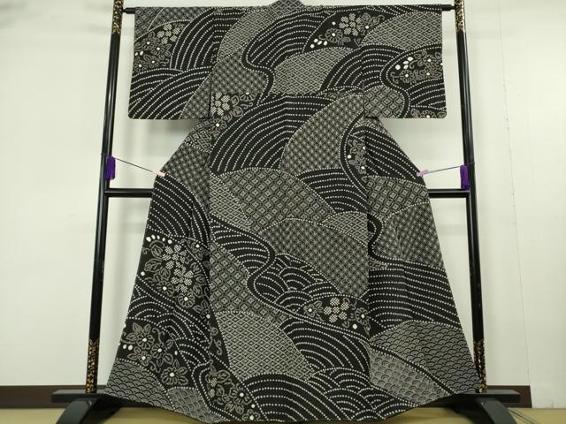 平和屋本店●極上　中国三大刺繍　スワトウ刺繍　刺し子　刺繍　訪問着　絞り　名物裂　黒地　さが美扱い　逸品　未使用　DZAB6994kh6