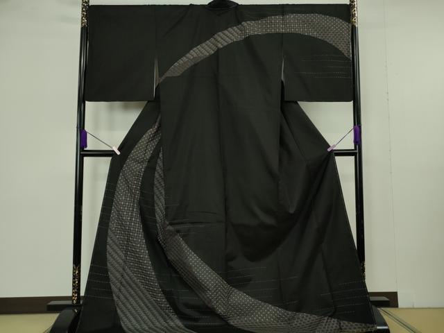 平和屋本店●極上　本場縞大島紬　訪問着　刺し子　刺繍　名物裂　黒地　ロング丈　逸品　未使用　DZAB7016kh6