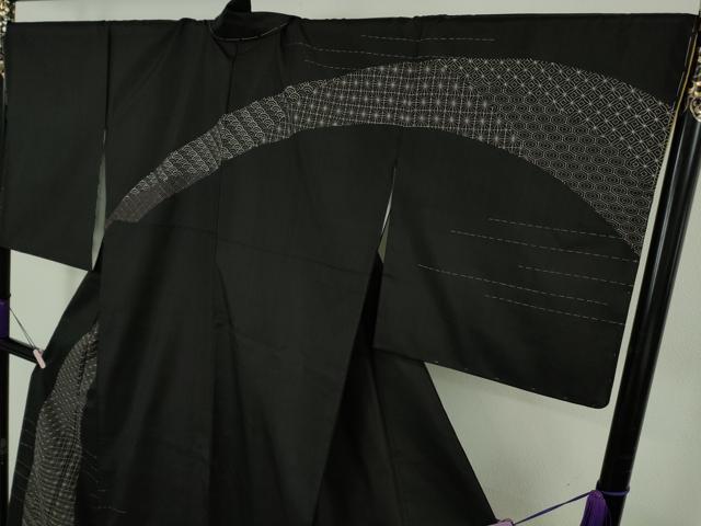 平和屋本店●極上　本場縞大島紬　訪問着　刺し子　刺繍　名物裂　黒地　ロング丈　逸品　未使用　DZAB7016kh6_2