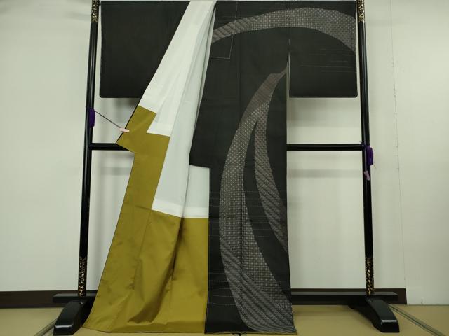 平和屋本店●極上　本場縞大島紬　訪問着　刺し子　刺繍　名物裂　黒地　ロング丈　逸品　未使用　DZAB7016kh6_1