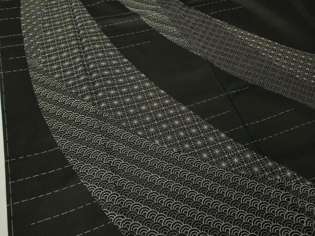 平和屋本店●極上　本場縞大島紬　訪問着　刺し子　刺繍　名物裂　黒地　ロング丈　逸品　未使用　DZAB7016kh6_4