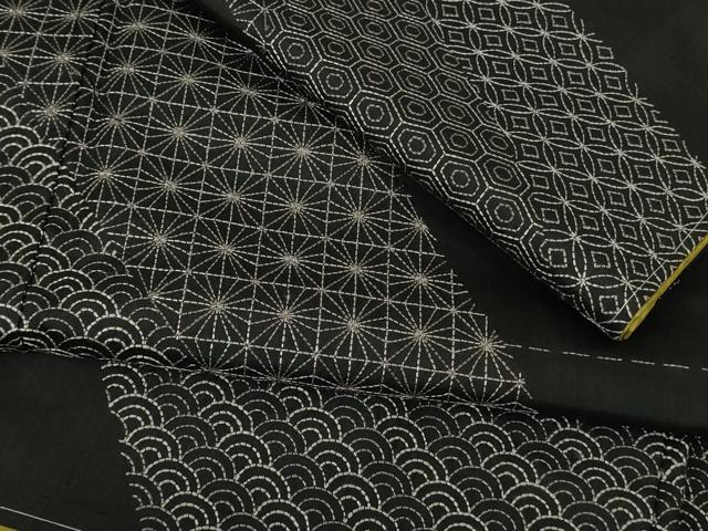 平和屋本店●極上　本場縞大島紬　訪問着　刺し子　刺繍　名物裂　黒地　ロング丈　逸品　未使用　DZAB7016kh6_7
