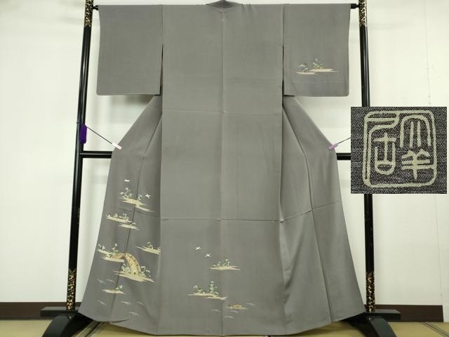 平和屋本店▽極上　染刺工芸 大羊居 東京友禅 訪問着 単衣 刺繍　渡橋飛鳥風景　灰色地　金銀糸　高島屋扱い　反端付き　逸品　DZAB7045kh6