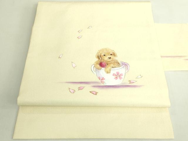 平和屋着物●極上　九寸名古屋帯　手描き　ティーカッププードル　舞桜　金彩　蒸栗色地　逸品　DZAB7100kh6 42,250円