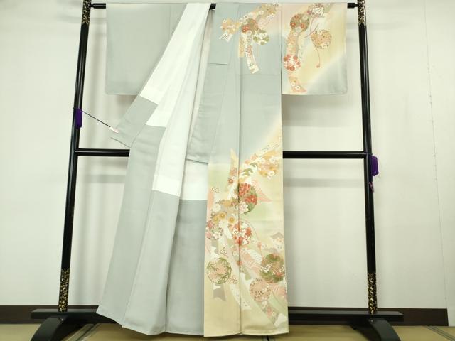 平和屋本店●極上　訪問着　駒刺繍　束ね熨斗　花丸文　濃い藍白色地　暈し染め　金彩　逸品　未使用　DZAB7161kh6_1