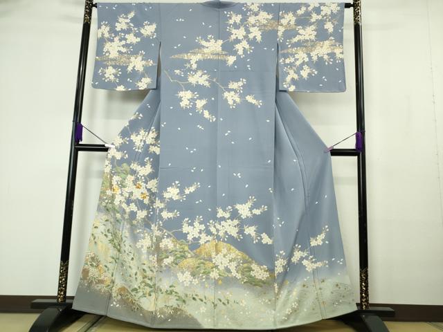 長閑やかさ屋中央局●限りない 短い訪問着 駒刺しゅう 枝桜 松笹文 青藤色地 暈し染め 金彩 珠玉 未当てはめる DZAB7180kh6