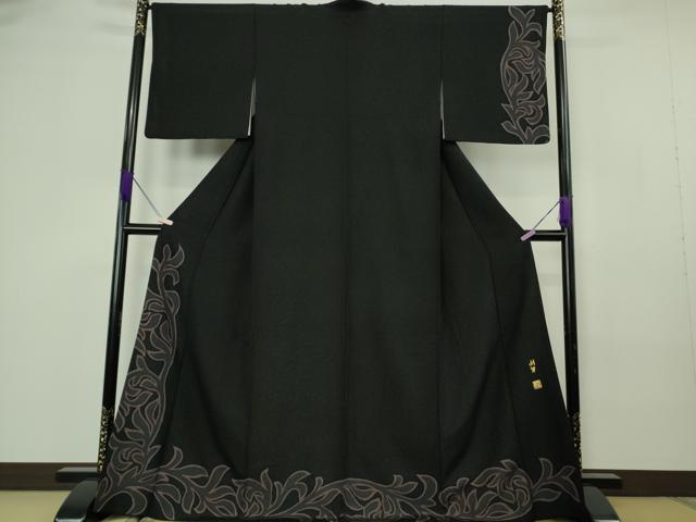 平和屋本店●極上　染色作家　寺島利男　訪問着　唐草文　黒地　銀通し地　逸品　DZAB7182kh6