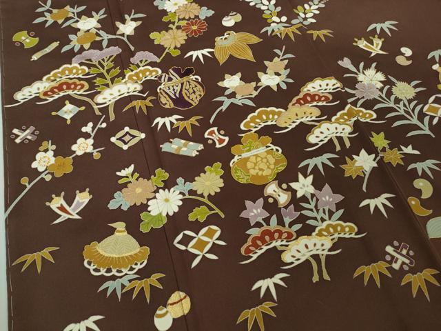 平和屋本店●極上　銀座　志ま亀　訪問着　駒刺繍　宝尽くし　黒鳶色地　金彩　ロング丈　たとう紙付き　逸品　未使用　DZAB7195kh6_4