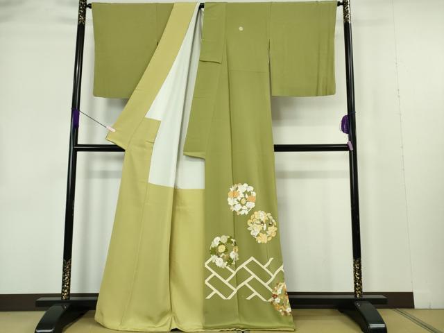平和屋本店●極上　銀座　志ま亀　色留袖　花丸文　青朽葉色　金彩　縮緬地　たとう紙付き　逸品　DZAB7246kh6_1