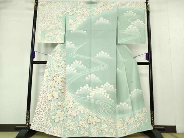 長閑やかさ屋中央局●限りない 京友禅絵描き 光永正美 短い訪問着 刺しゅう 枝花文 薄べったい千草色地 暈し染め 金彩 珠玉 未当てはめる DZAB7247kh6