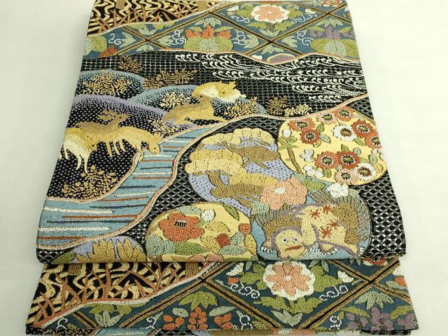 平和屋本店●極上　銀座きしや　中国三大刺繍　スワトウ相良刺繍　総刺繍　絽刺し　袋帯　動物花文　黒地　金糸　逸品　DZAB7460kh6