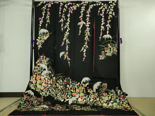 平和屋本店●極上 相良刺繍 総刺繍 お引きずり・引き振袖 結婚式 舞妓 芸妓 芸者 群鶴花文 黒地　金糸　仮絵羽　逸品　未使用　DZAB8183kh6