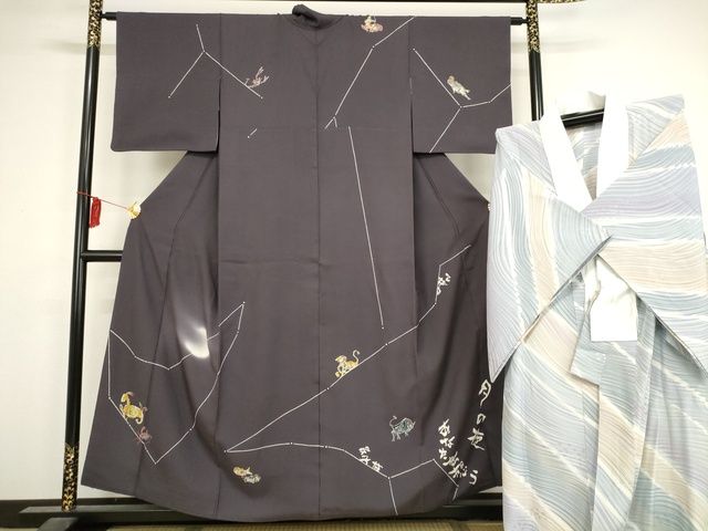 平和屋本店■希少 日本のお笑いタレント 俳優 画家 書家 片岡鶴太郎 訪問着・長襦袢 月の夜あなたを想う 黒橡色 逸品 KAAA1705kk4