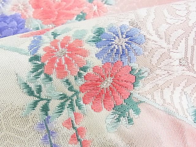 平和屋着物□六通柄袋帯 唐織 扇牡丹花文 銀糸 逸品 n-yc3394の