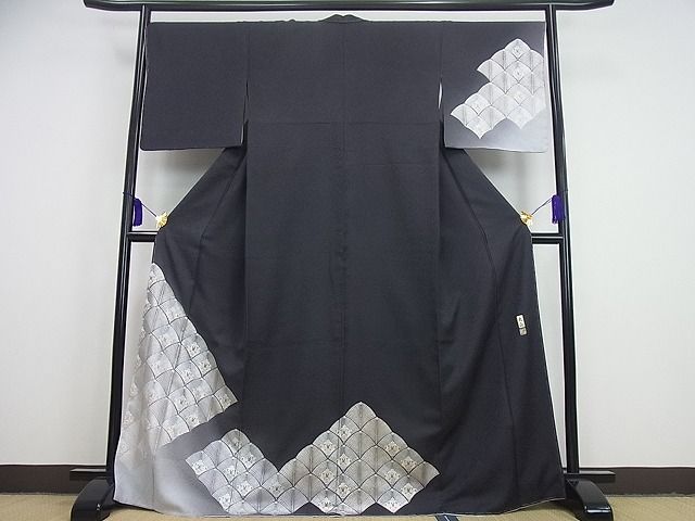 平和屋本店□極上 道中着 ロング丈 お召地 唐草地紋 黄唐茶色