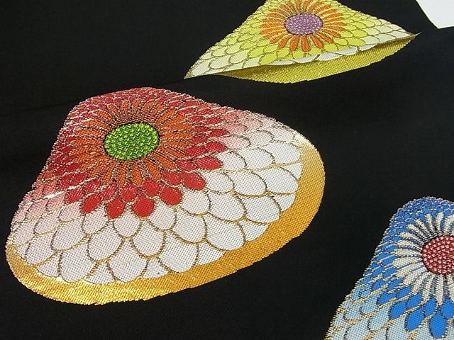 平和屋本店□極上 龍村平蔵製 追粉菊錦 本袋帯 黒地 金糸