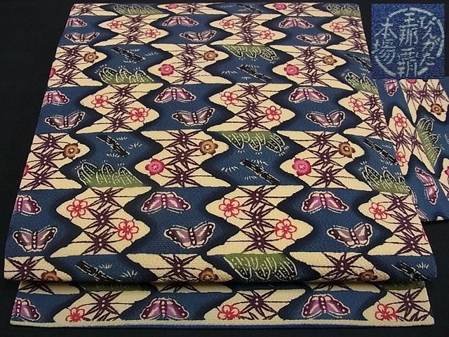 琉球紅型 縮緬 牡丹 蝶々 名古屋帯 正絹 紅型 名古屋帯 細かい柄