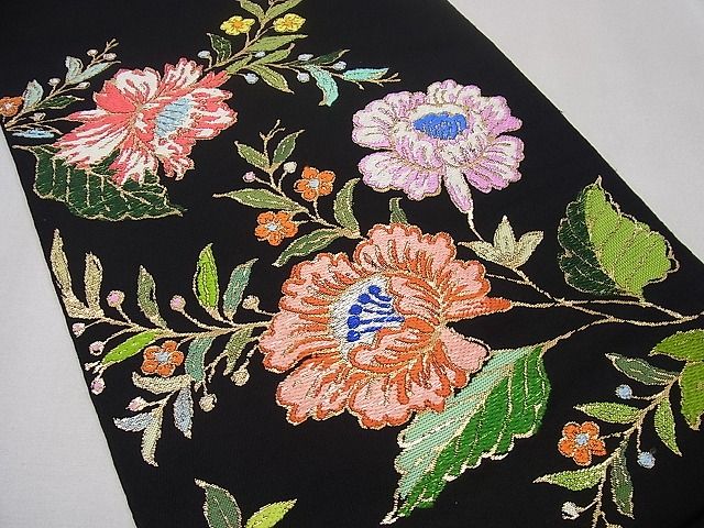 平和屋本店■最高級　龍村平蔵製　本袋帯　金更紗大唐花　黒地　金糸　逸品3s989 平和屋本店□最高級 龍村平蔵製 本袋帯 金更紗大唐花 黒地 金糸 逸品