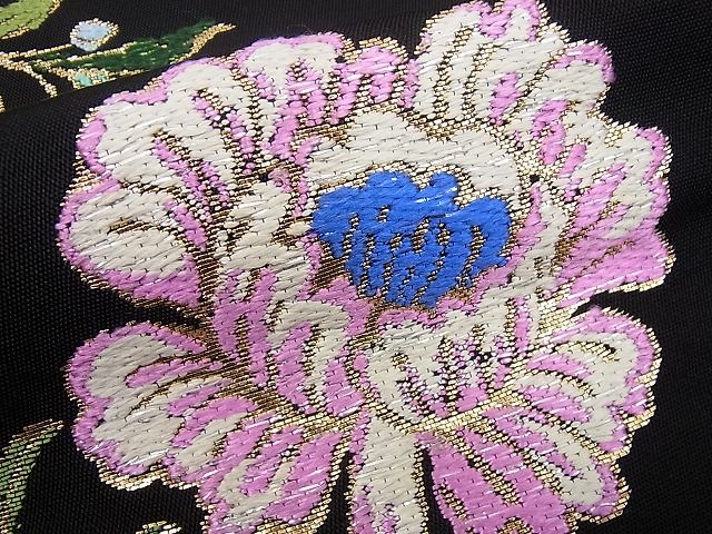 平和屋本店□最高級 龍村平蔵製 本袋帯 金更紗大唐花 黒地 金糸 逸品