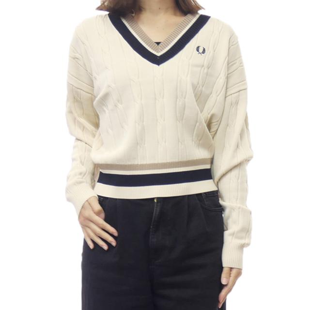 セールAW FRED PERRY フレッドペリー レディースVネックセーター ニット K1102 / BOLDTIPPED KNIT JUMPER エクリュー