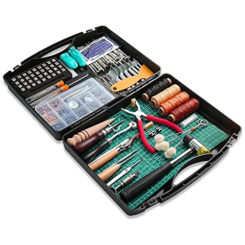レザークラフト 273点工具セット レザーツール 革工具セット 手縫い道具 穴あけポンチ 静音 ヨーロッパ目打ち カッターマット カービング