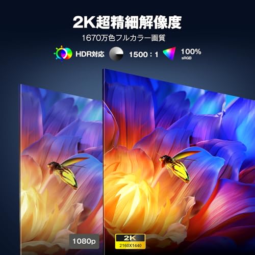 モバイルモニター 14インチ 2K解像度 モバイルディスプレイ - ポータブルモニター IPSパネル 2160x1440P 100%sRGB
