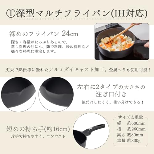 貝印 KAI 深型 マルチ フライパン 24cm ガス火 IH対応 ドーム型 フライパンカバー 2段 調理 蒸し皿 湯切り すくい ザル 4点_2